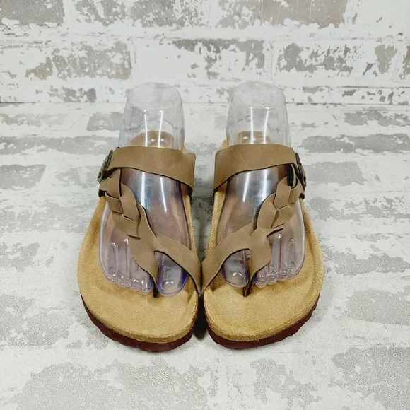 NEW Cushionaire Tan Brown Strappy Buckle Cork Footbed Summer Slide Sandals K28 - Picture 6 of 10